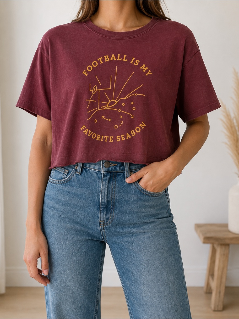 Women’s Maroon Cropped Graphic Tee - "Football Is My Favorite Season" Medium